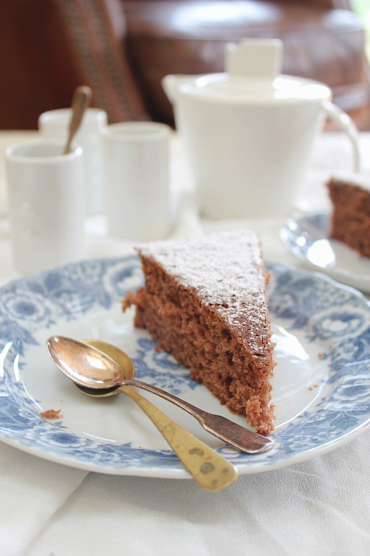 A slice of chocolate cake and coffee
