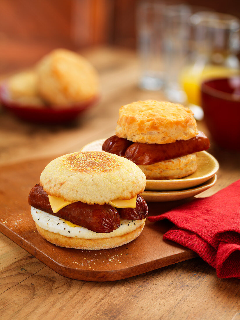 A breakfast roll with egg, sausage and cheese