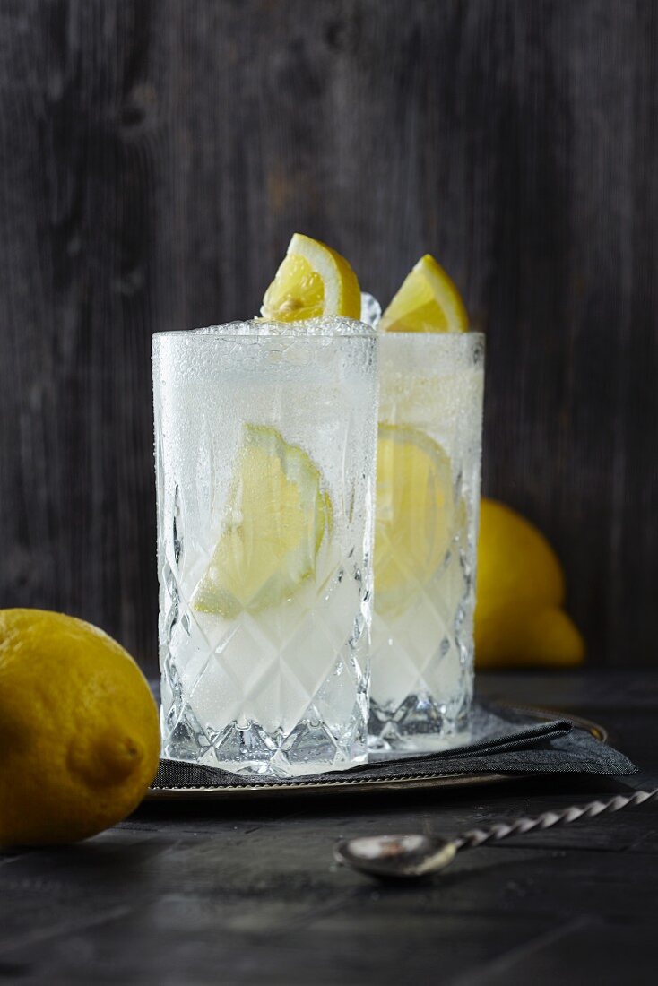 Two glasses of Gin Fizz with lemon