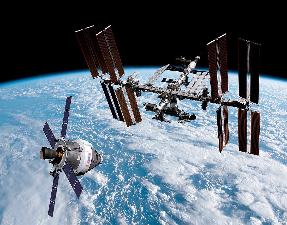 Crew exploration vehicle approaching the ISS, illustration
