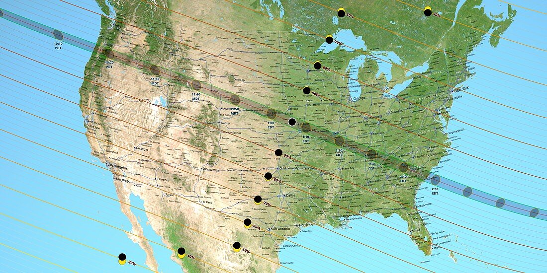 August 2017 total solar eclipse path, illustration