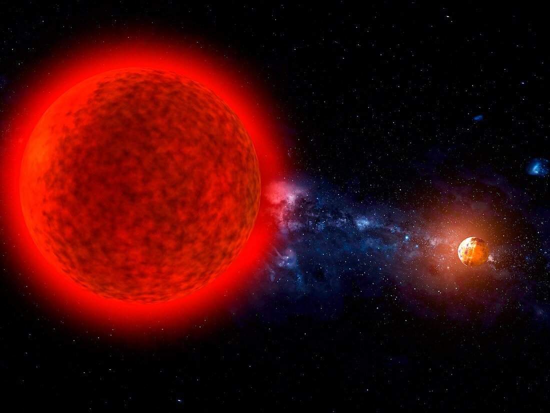 Exoplanet orbiting a red dwarf star, illustration