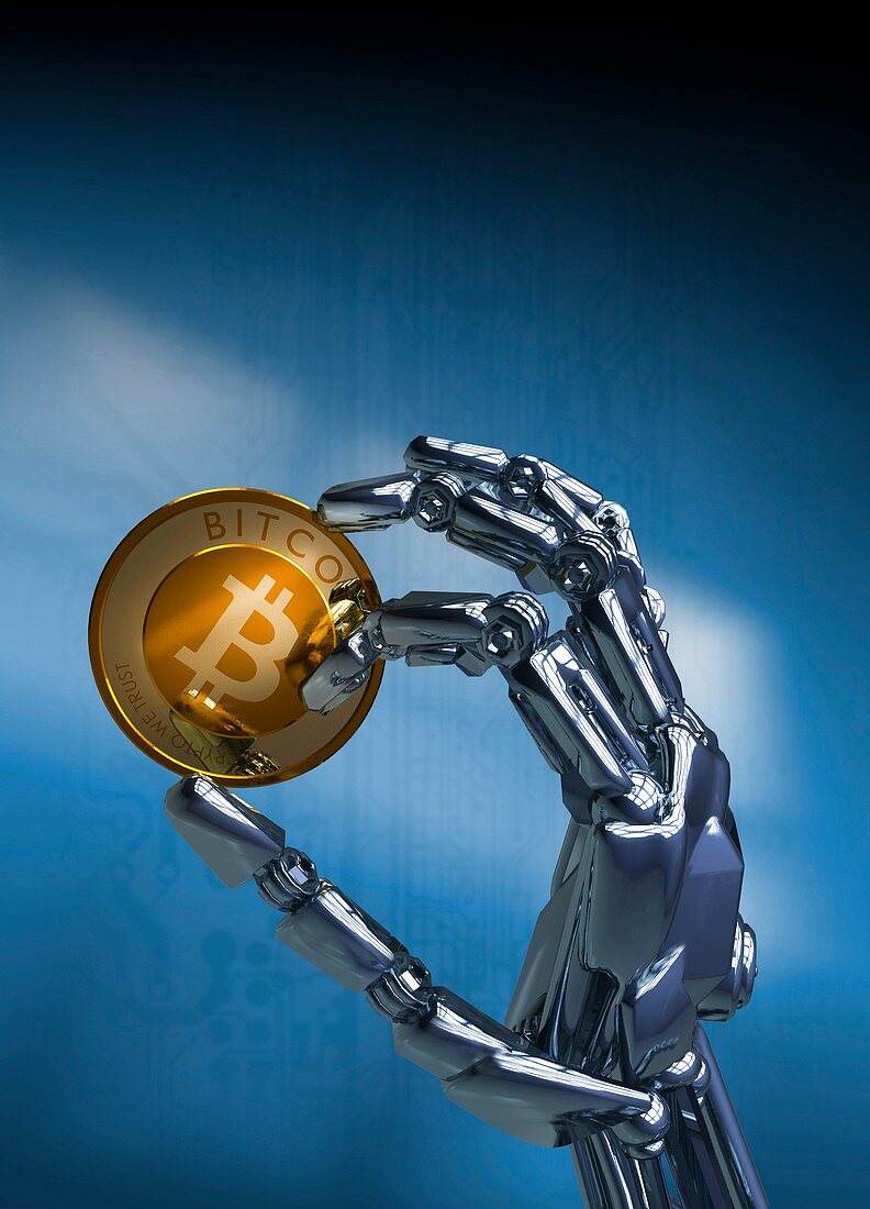 Robotic hand holding bitcoin, illustration