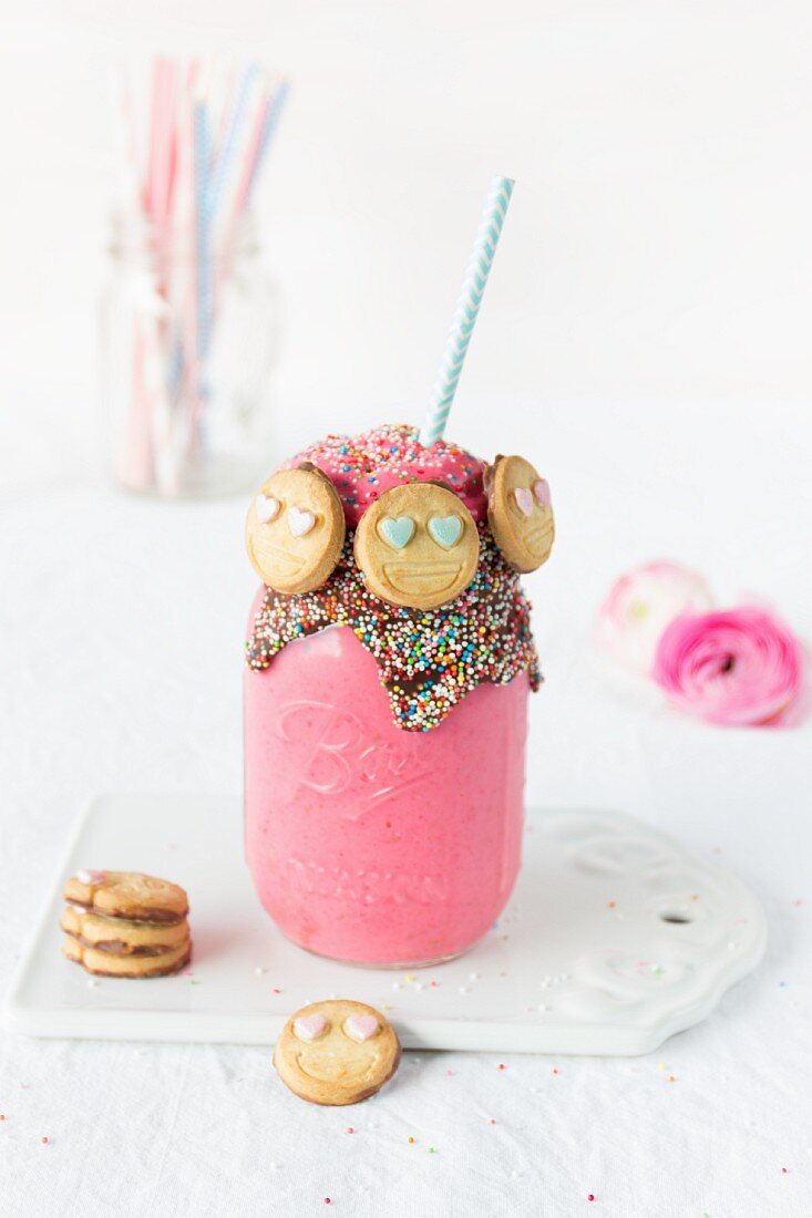 A raspberry and cheesecake smoothie with smiley face cookies