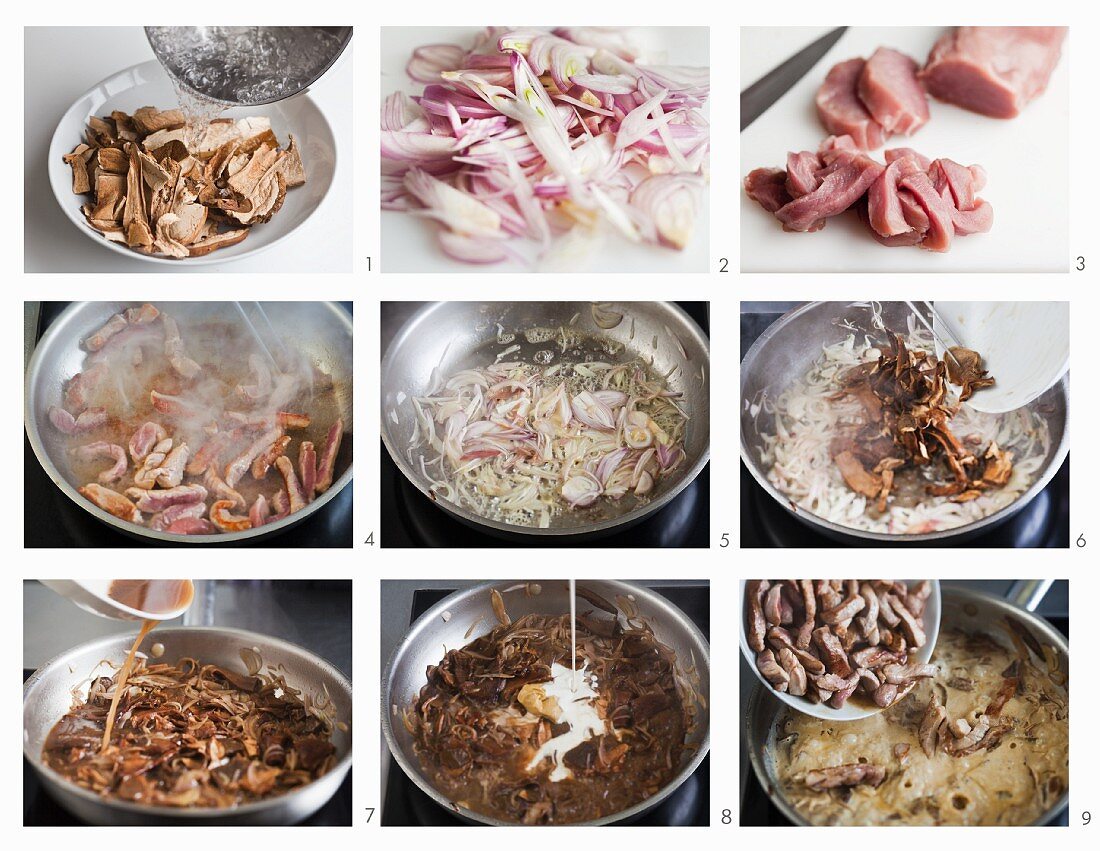 How to make strips of cured pork with mushrooms