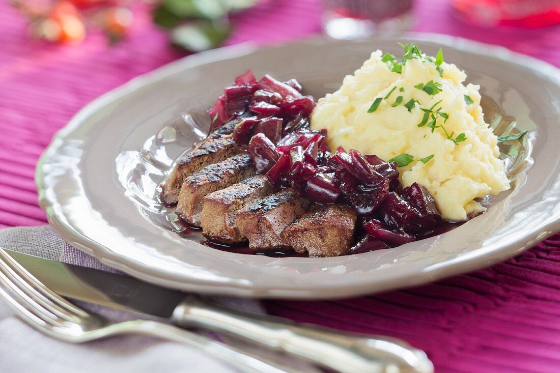 Calf's liver with red wine shallots and mashed potato