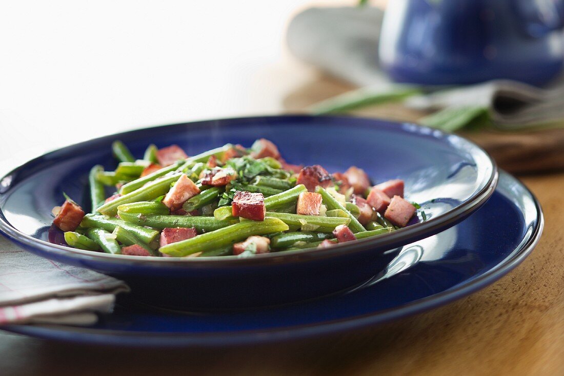 Strips of cured pork with green beans
