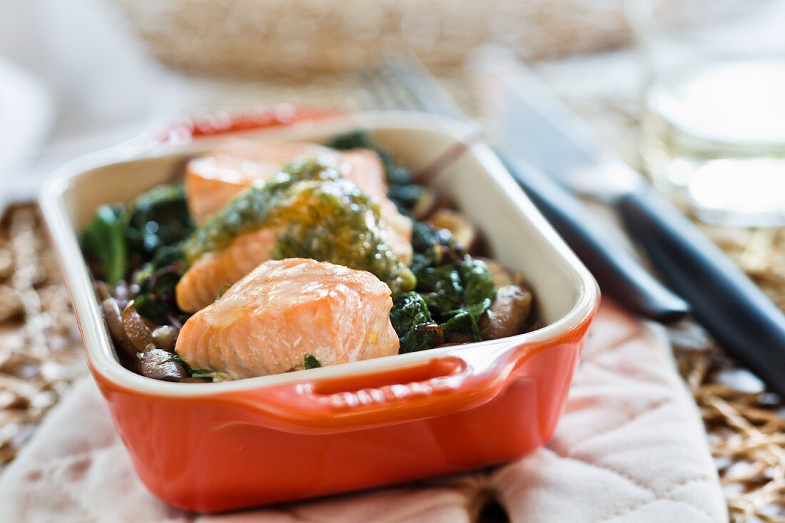 Salmon with horseradish sauce, leafy greens and mushrooms