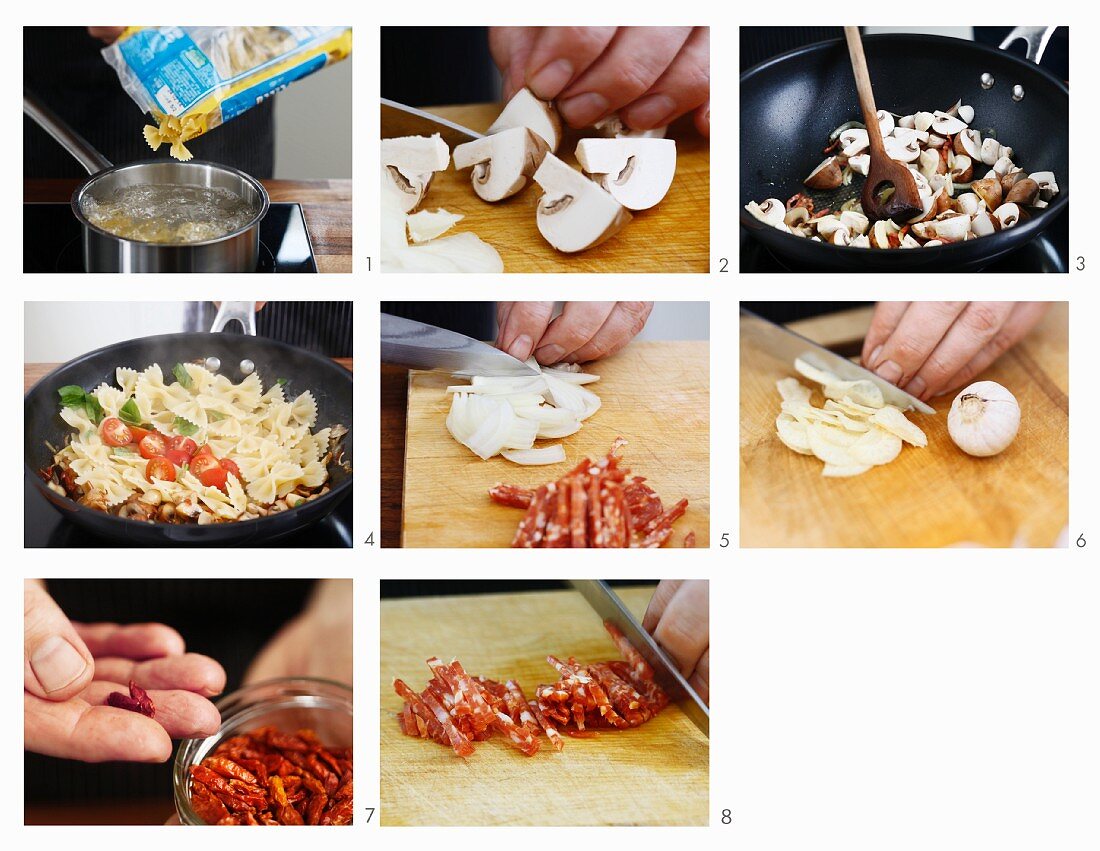 How to make farfalle with mushrooms, sausage and tomatoes