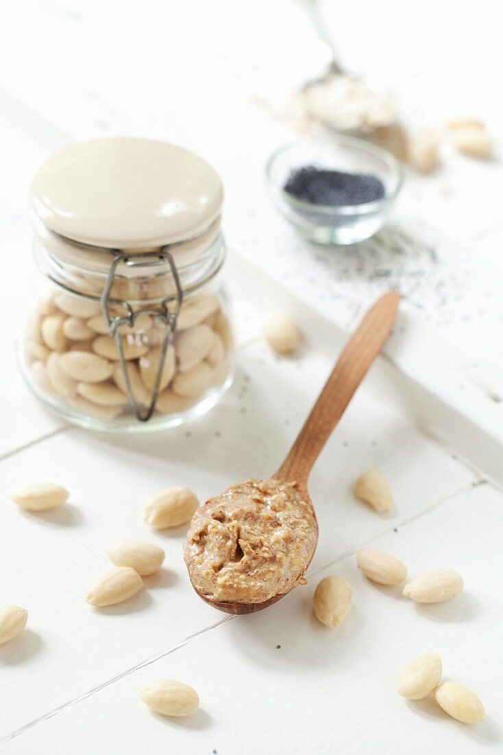 Almond Butter on a Wooden Spoon