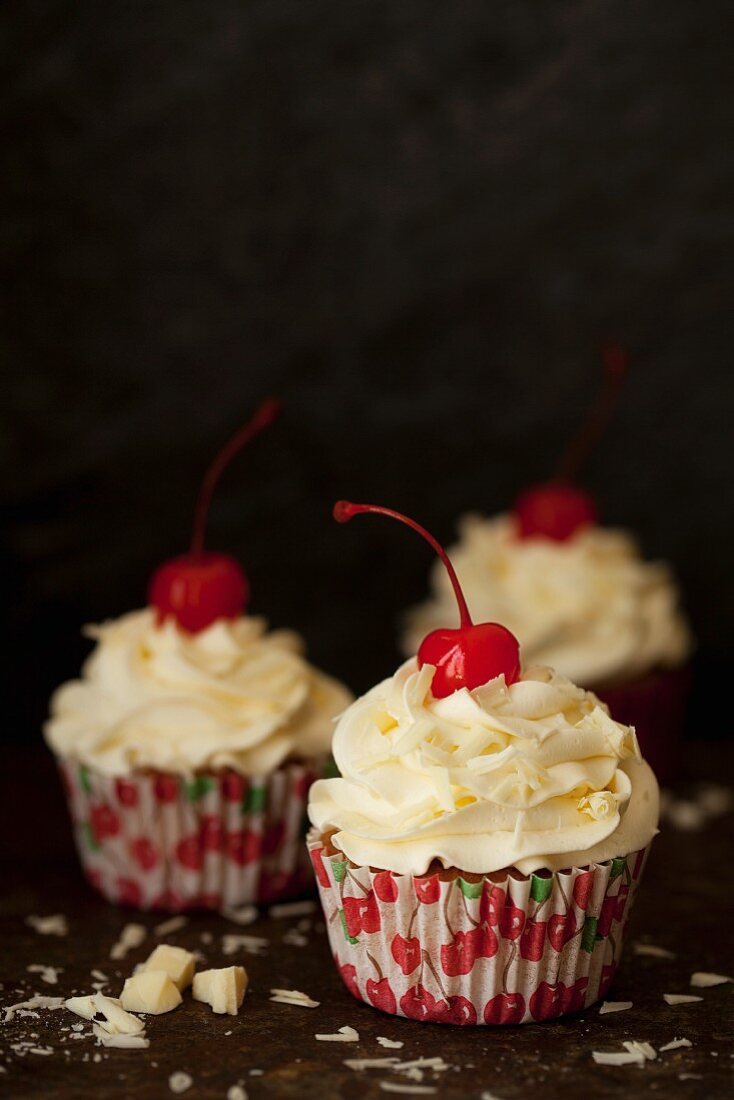 Maraschino Cherry Cupcakes with White Chocolate Buttercream