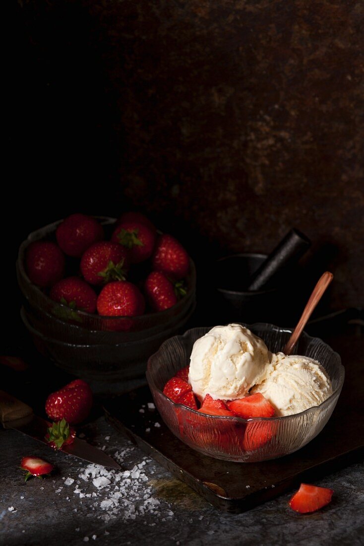Salted Honey Ice Cream with Strawberries