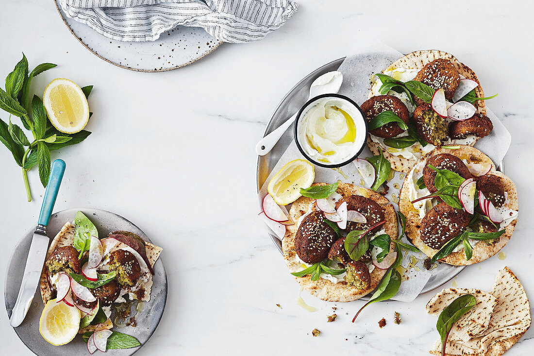 Pea and chickpea falafel with whipped garlic fetta