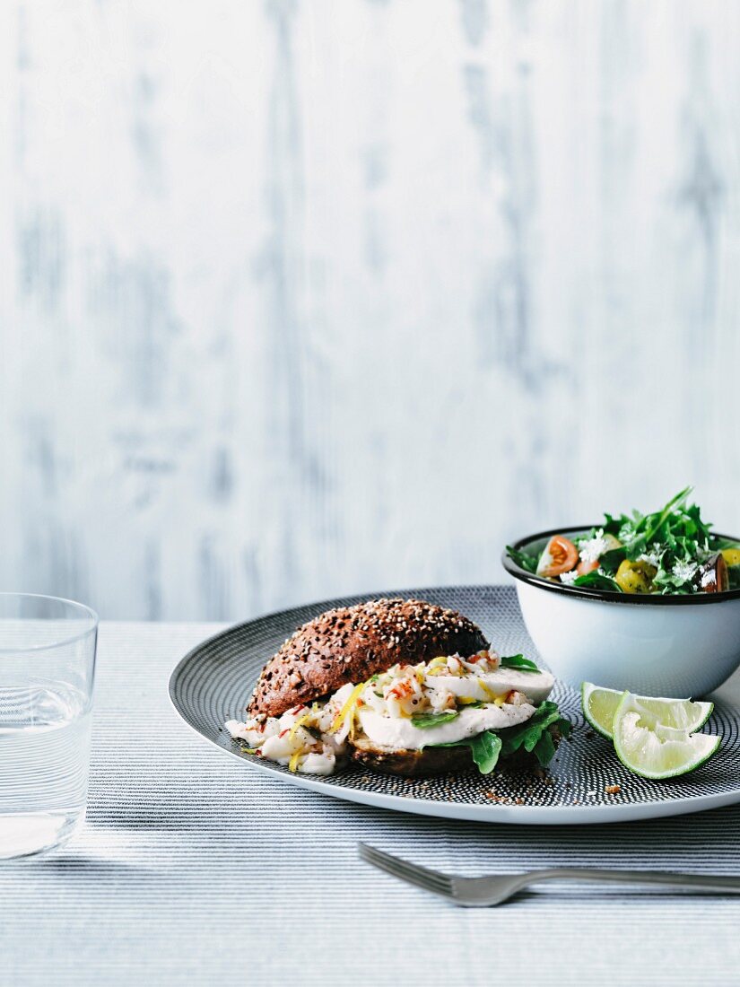 A wholemeal roll with mozzarella and prawn tartare