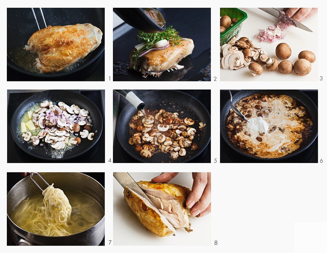 How to make corn-fed chicken breast with mushroom sauce and spaghetti