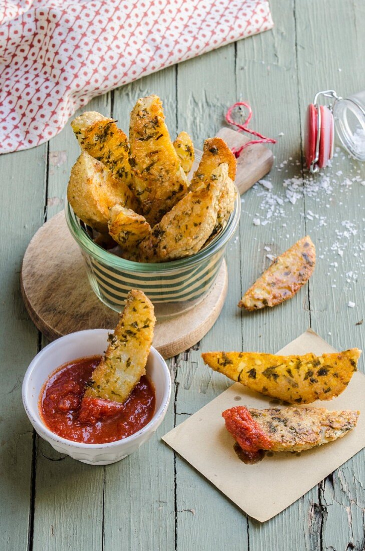 Potato wedges with parmesan and herbs served with homemade ketchup