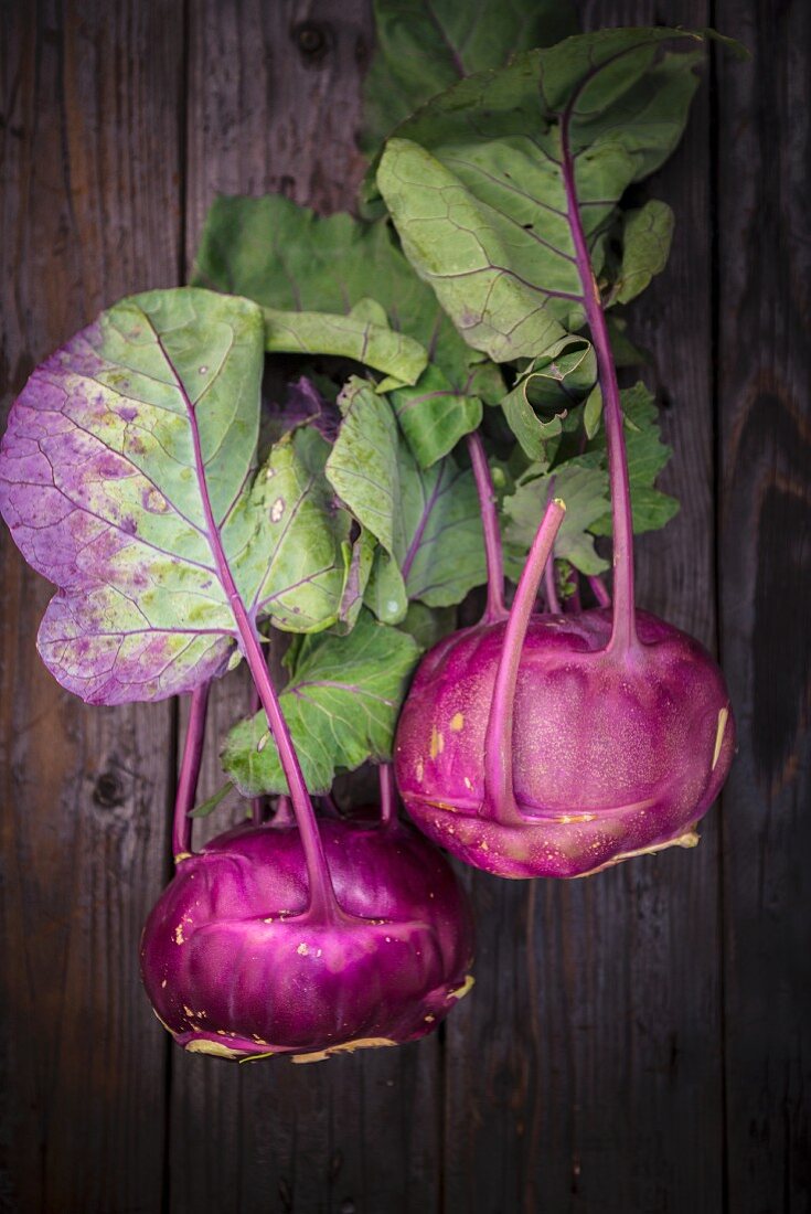 Two purple kohlrabis with leaves