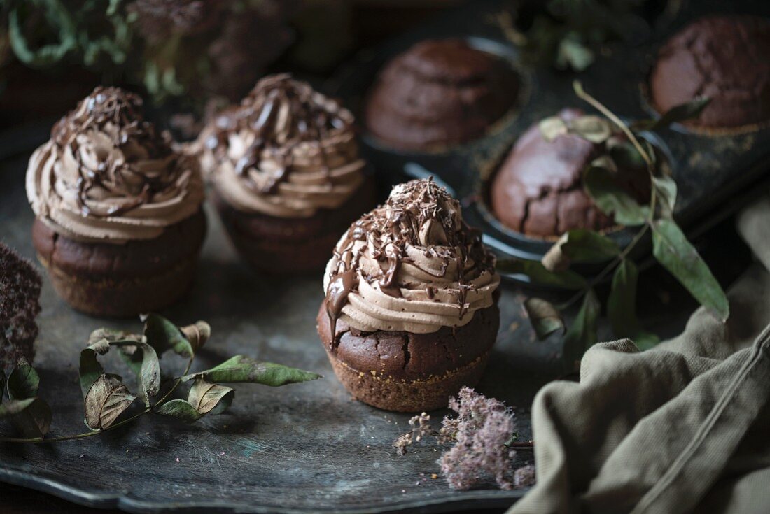 Vegan chocolate cupcakes with chocolate cream frosting