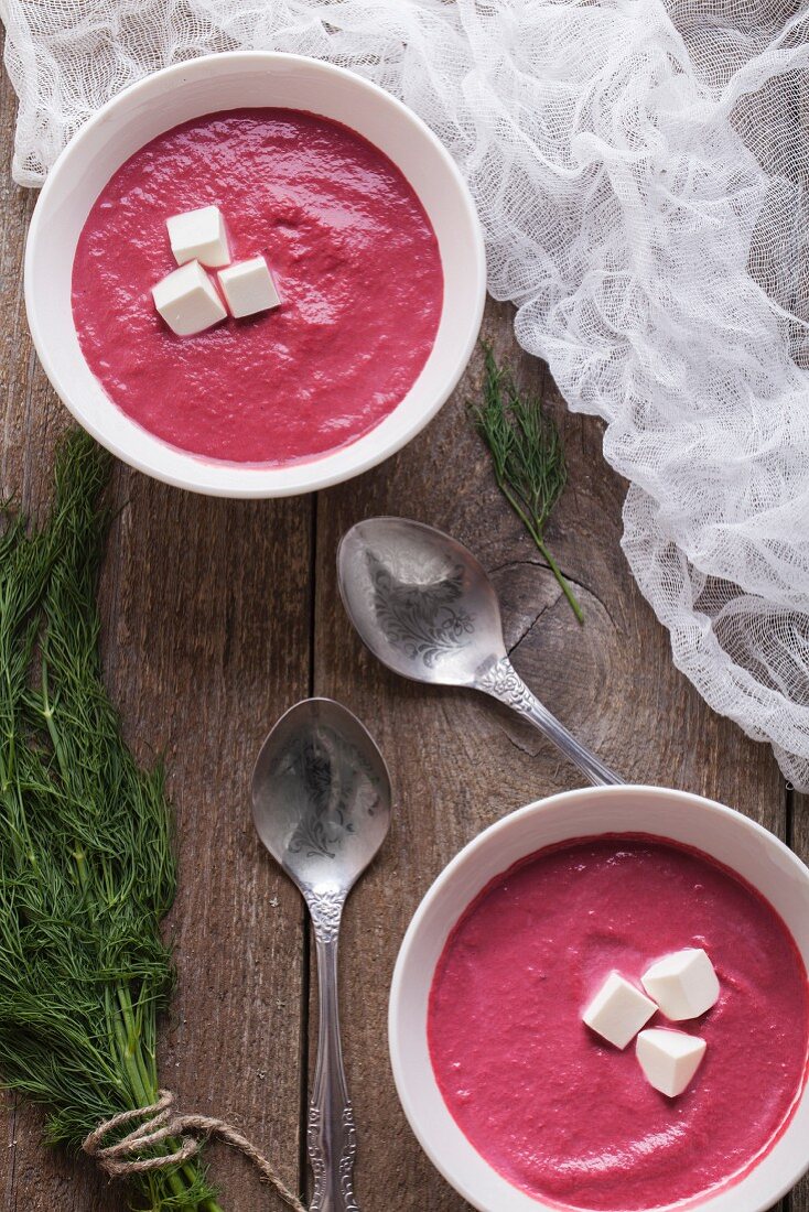 Beetroot soup with feta and dill