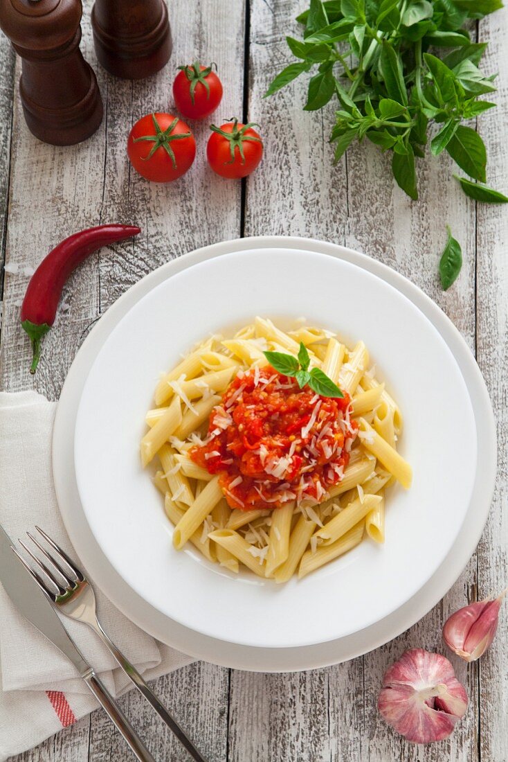 Penne with chili tomato sauce