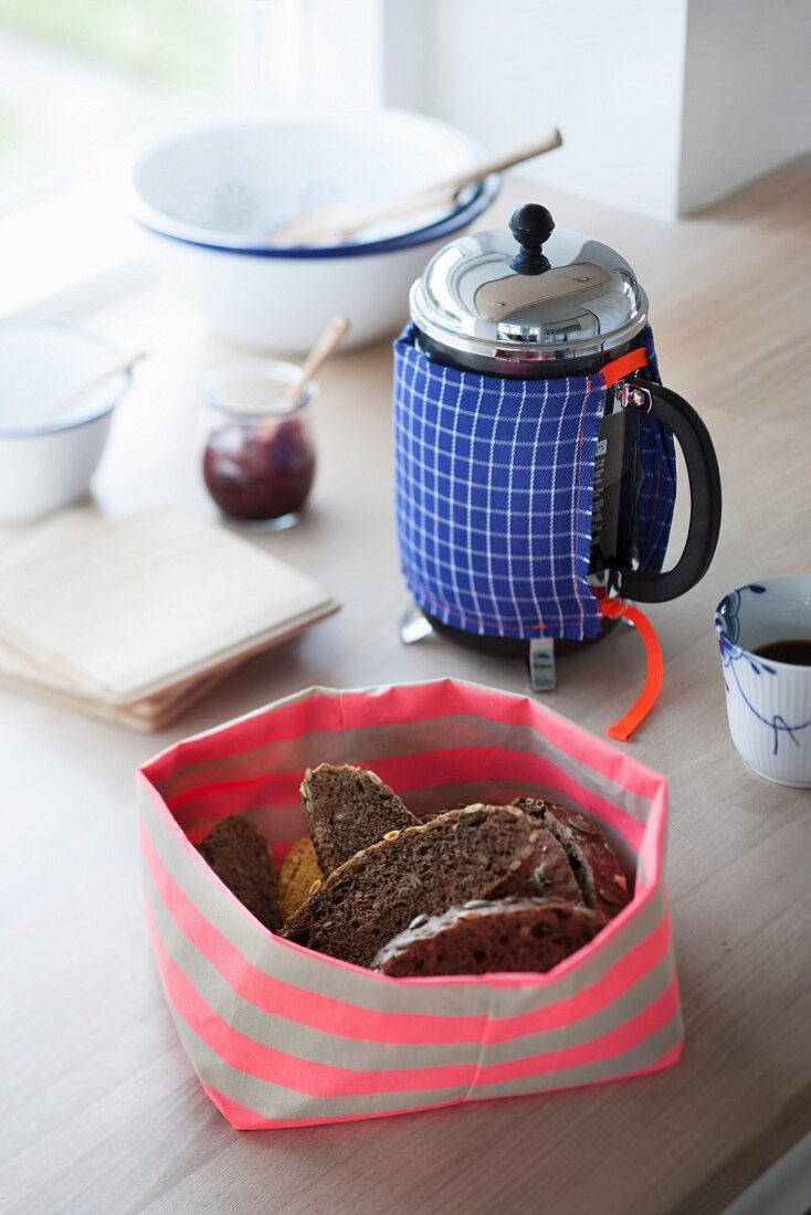 Hand-made fabric bread basket and coffee pot cosy