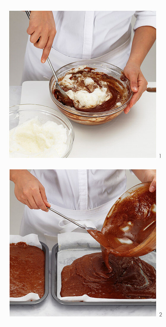 Chef gently folds in whipped egg white into cake mixture and pours the mixture into pans