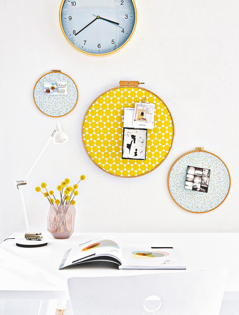 Homemade pinboards made from embroidery and quilting rings