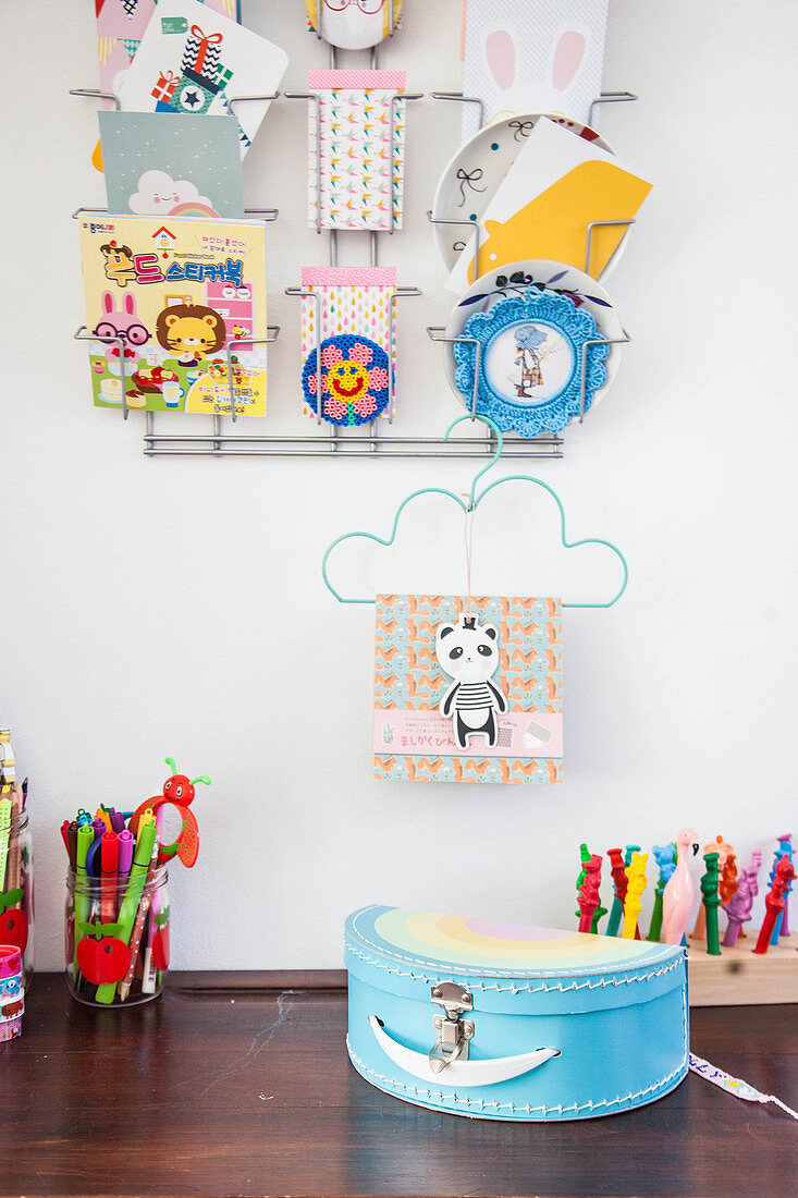 Postcard rack on wall above desk