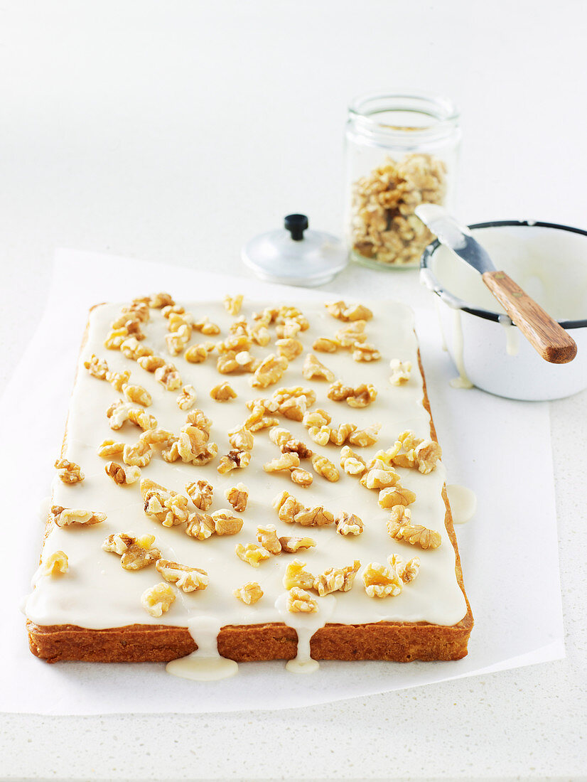 Moist Apple and Walnut Slice with Maple Syrup Icing