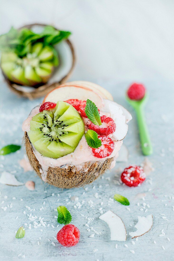 Coconut ice cream with fruits