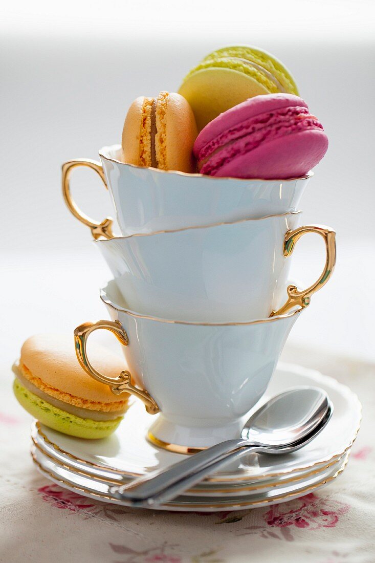 Macarons in teacups