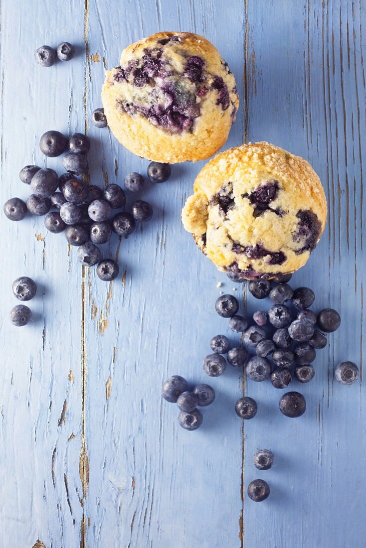 Blueberry muffins and fresh blueberries on a blue background
