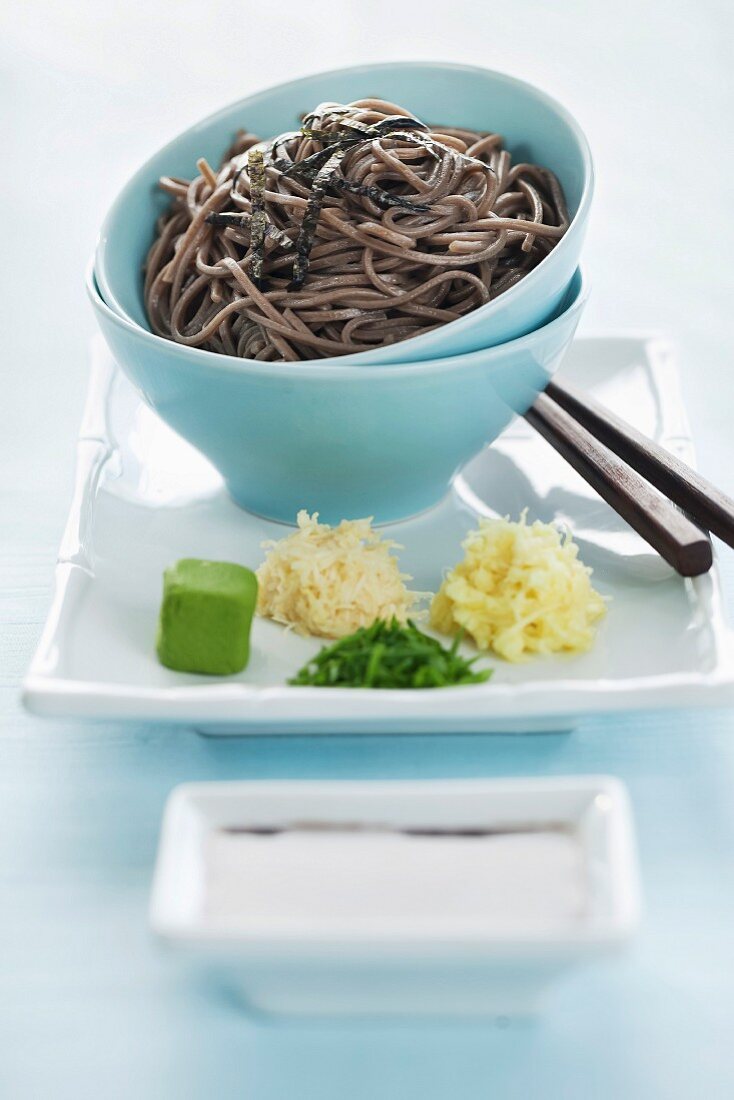 Soba noodles in blue bowls (Japan)