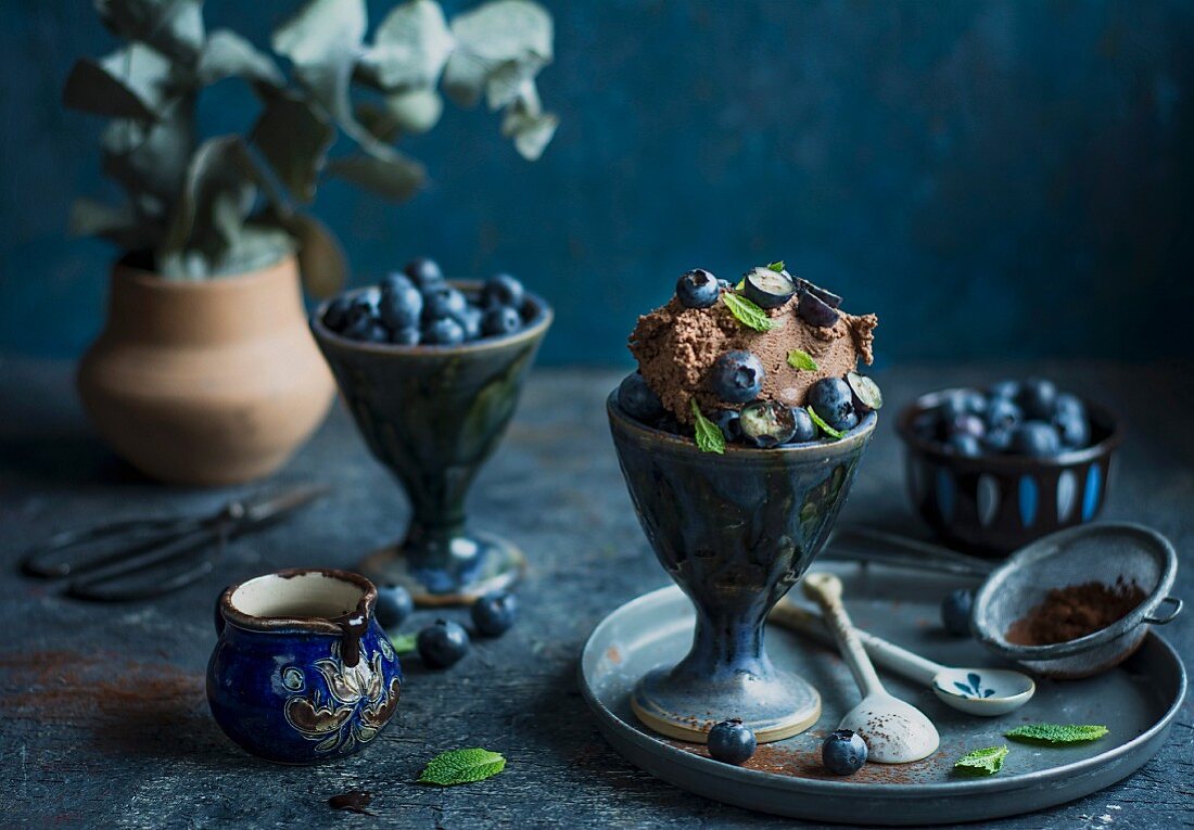 Chocolate ice cream with fresh blueberries