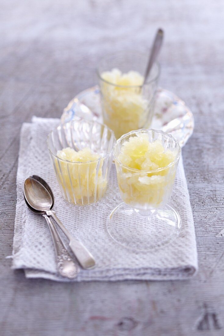 Woodruff and pear granita in glasses