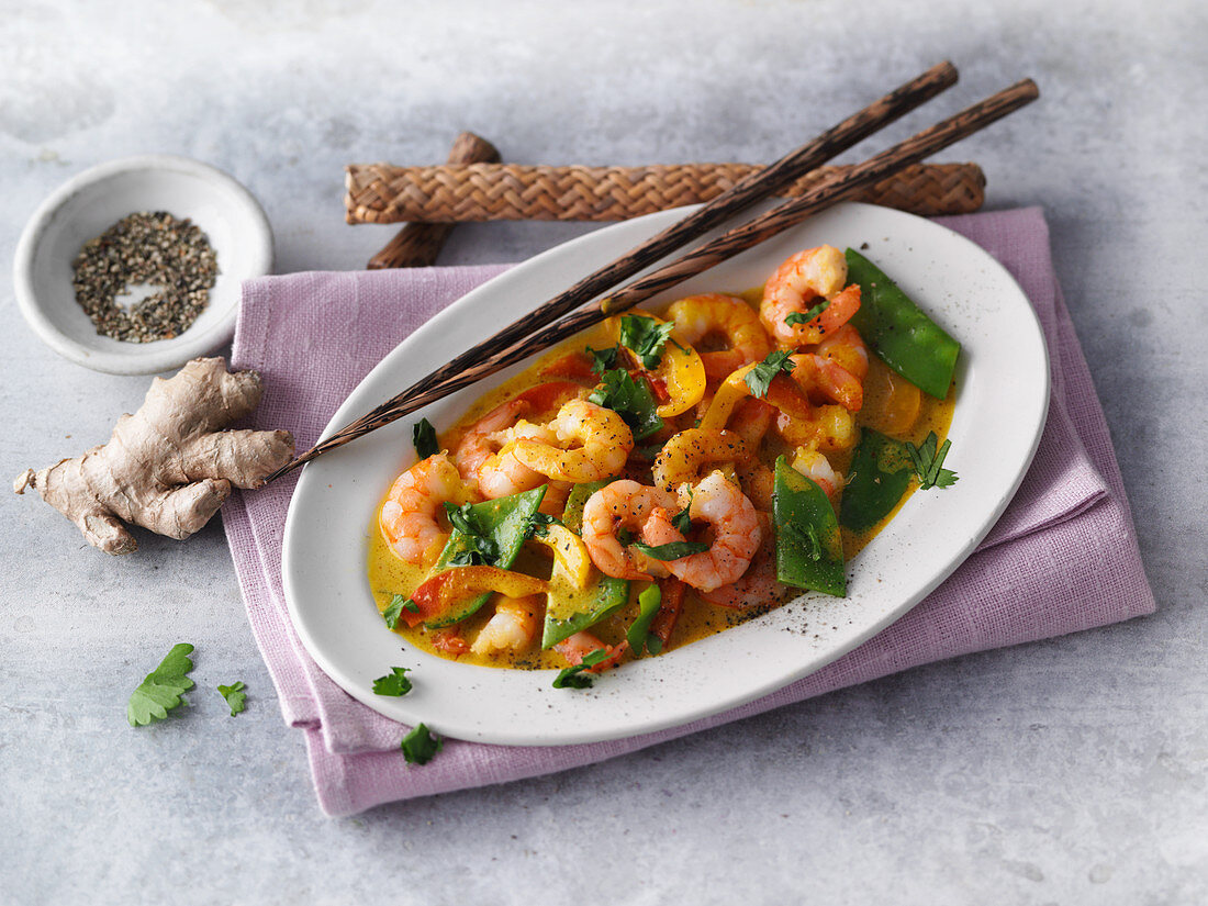 Thai prawn and coconut curry with mange tout