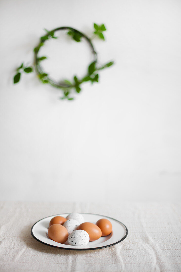 Brown eggs and white, speckled eggs on enamel plate with wreath of leafy branches in blurred background