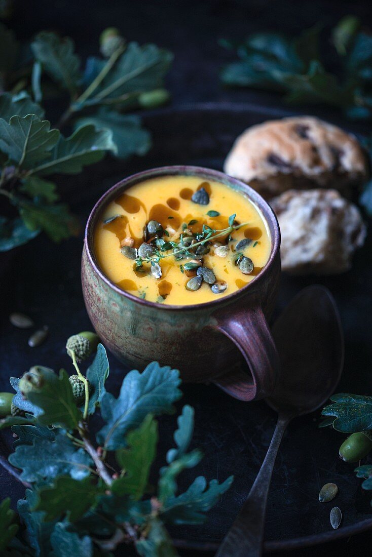 Vegan pumpkin soup with a wild mushroom muffin