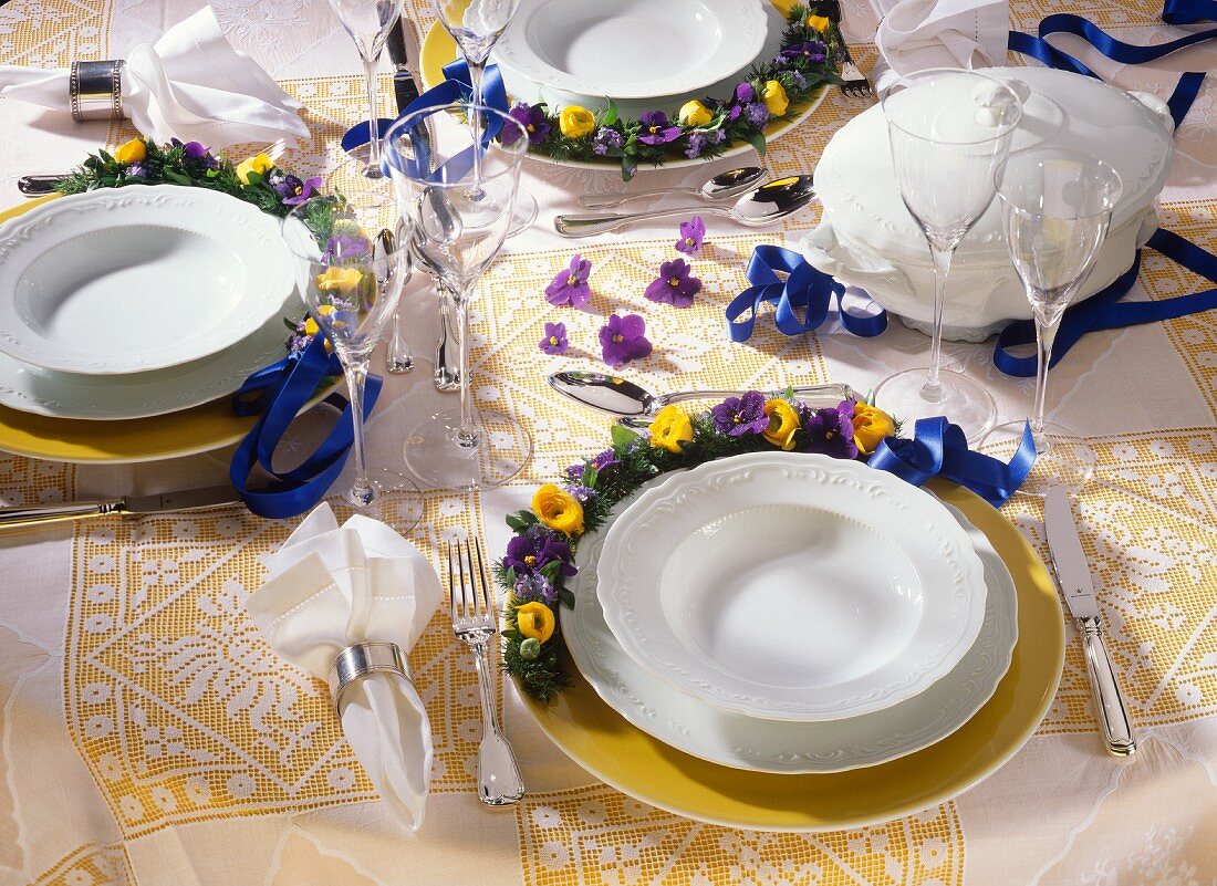 Table Setting with Violets and Ribbons