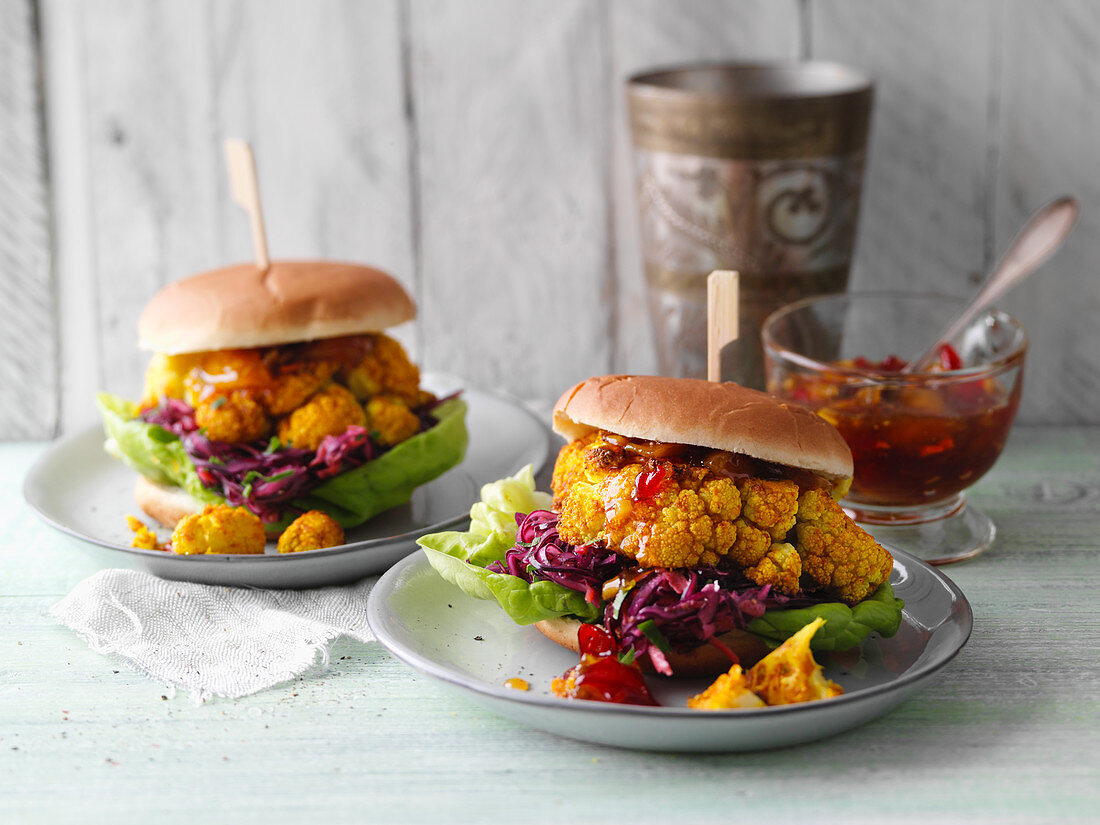 Veggie burgers with cauliflower steaks and coleslaw