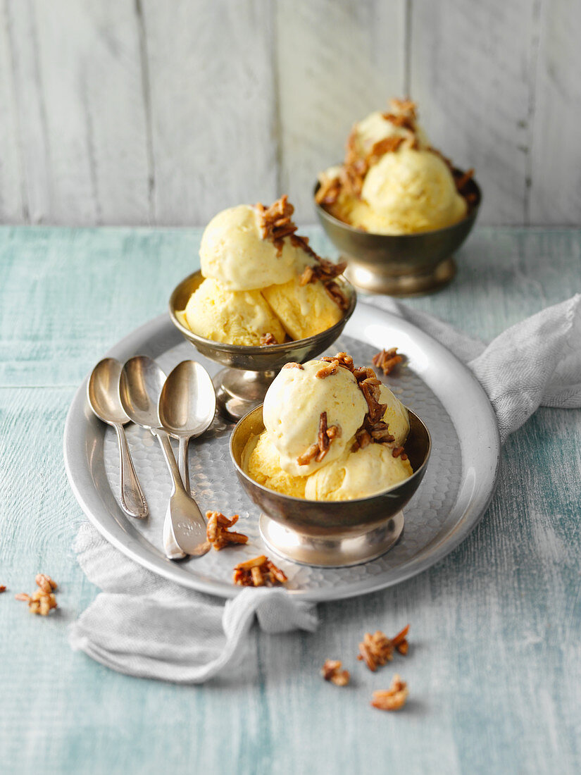 Turmeric ice cream with almond brittle