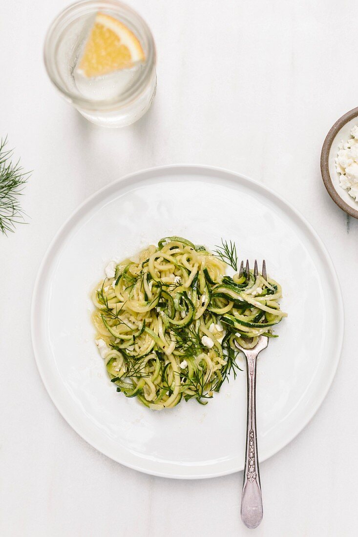 Zucchini noodles (zoodles) with feta and dill (vegetarian)