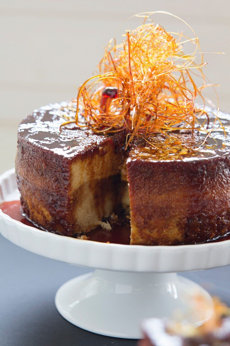 Torta quesillo (Latin American cake) topped with caramel threads
