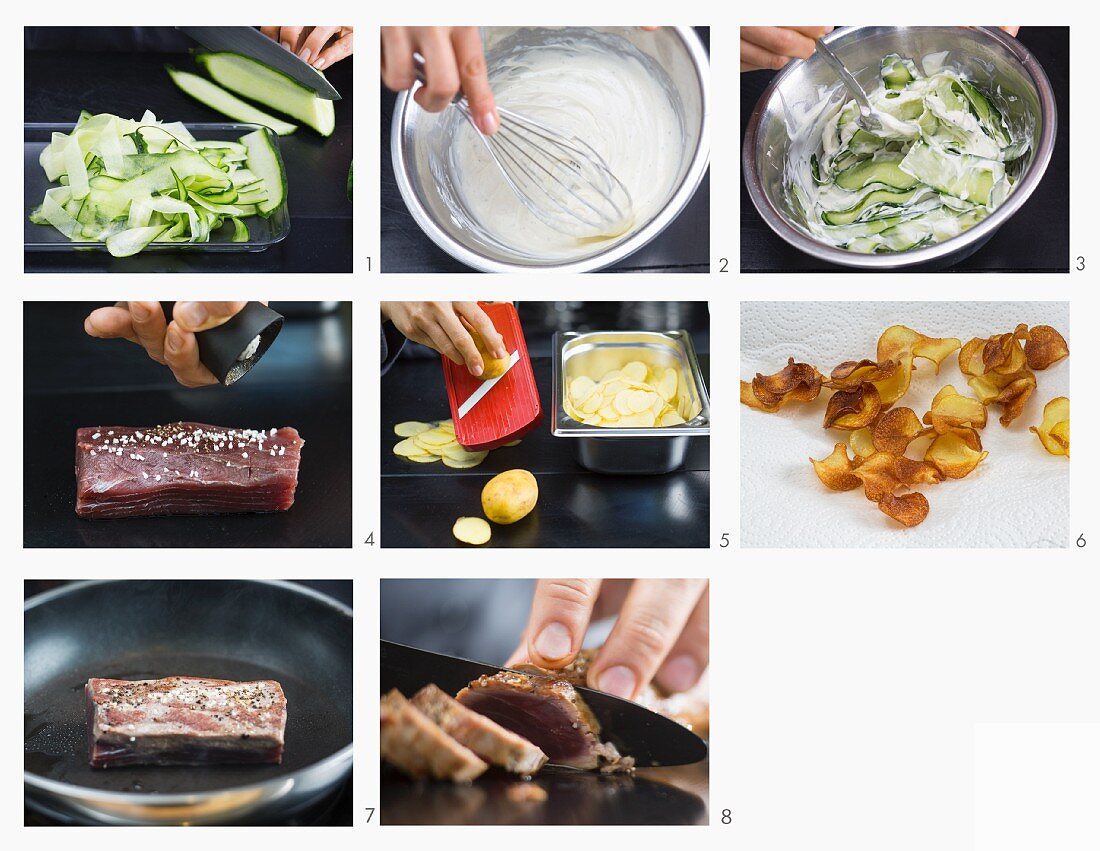 Teriyaki-Thunfischfilet mit Gurkensalat und Kartoffelchips zubereiten