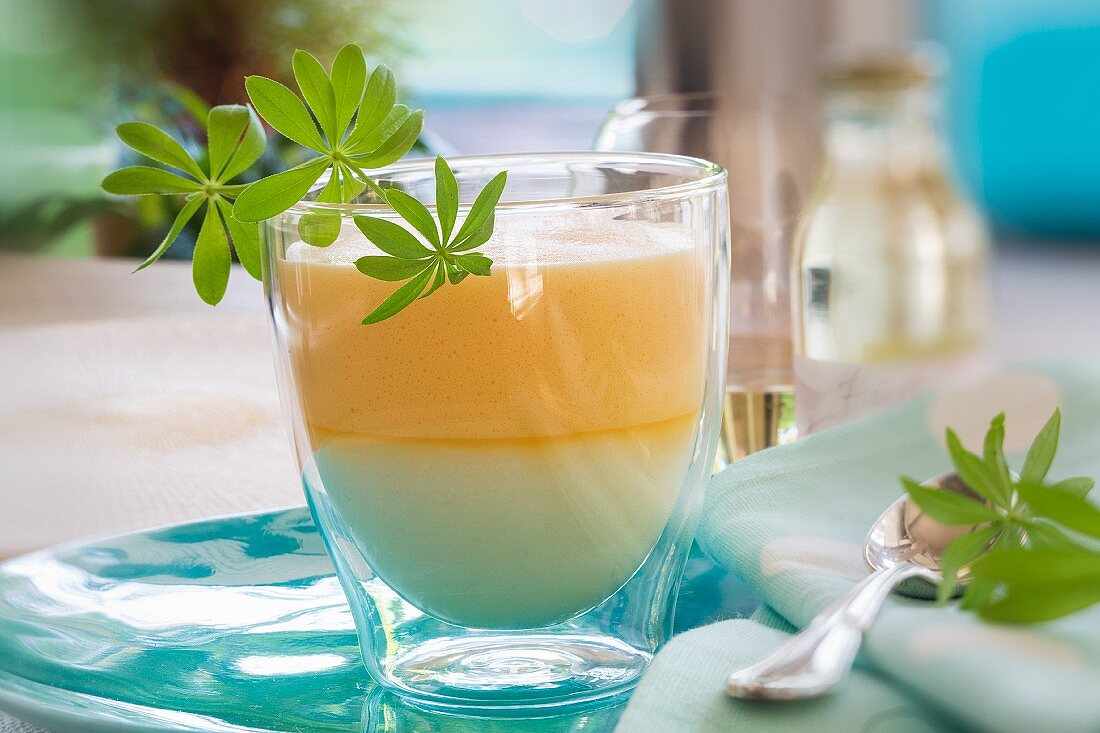 'Welf pudding' (a two-layered dessert from Lower Saxony in north Germany) with woodruff
