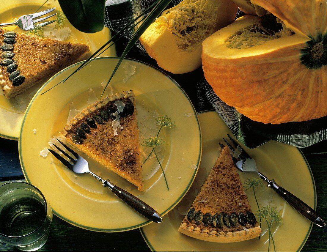 Pumpkin pie with very thin strips of Parmesan
