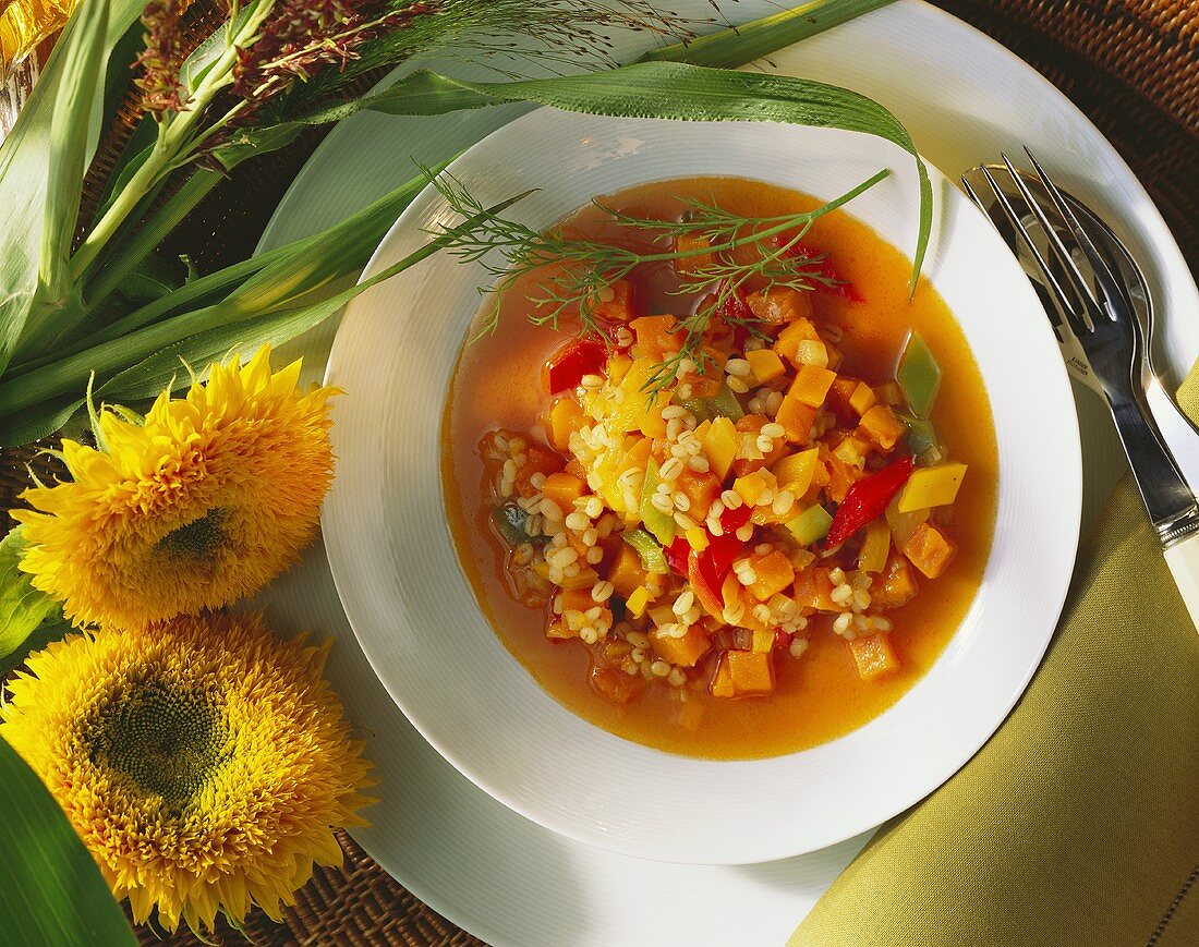 Pumpkin and barley stew with pepper
