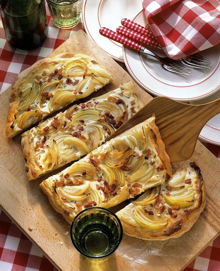 Alsatian tarte flambe (tray-baked onion & bacon quiche)