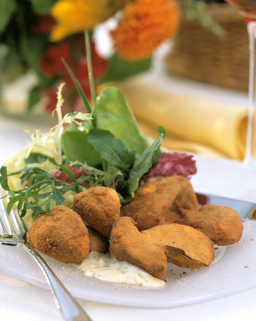 Breaded Mushrooms with Remoulade; Mixed Salad