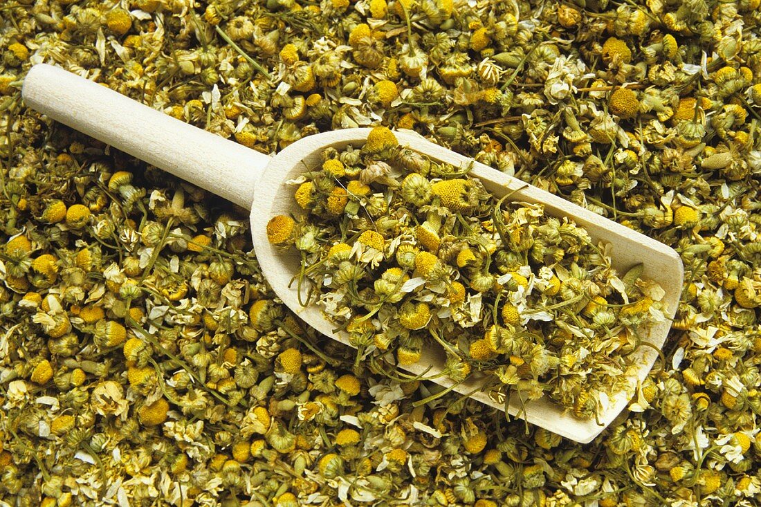 Dried Chamomile Blossoms with a Wooden Scoop